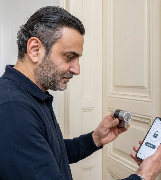 Herr Haimov mit elektronischem Smart-Lock-Zylinder und Smartphone-App vor Wiener Altbautür — Schlüsseldienst-Sofort Schlüsseldienst