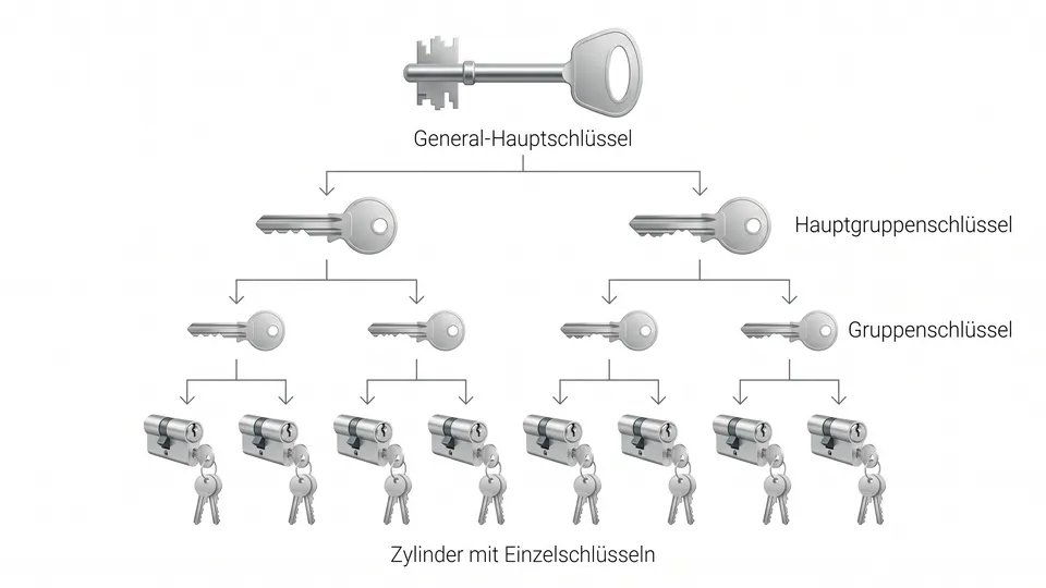 Hierarchie einer Schließanlage – Skizze von General-Hauptschlüssel über Hauptgruppen- und Gruppenschlüssel bis zu den Einzelschlüsseln, Schlüsseldienst-Sofort Wien